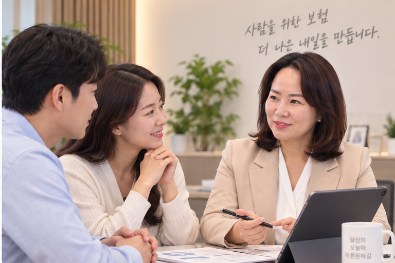 부부 고객과 보장 내용을 확인하는 유은경 지점장