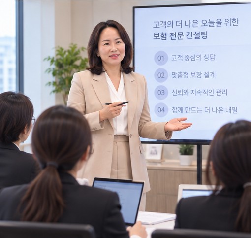 고객 앞에서 보험 정보를 설명하는 유은경 지점장